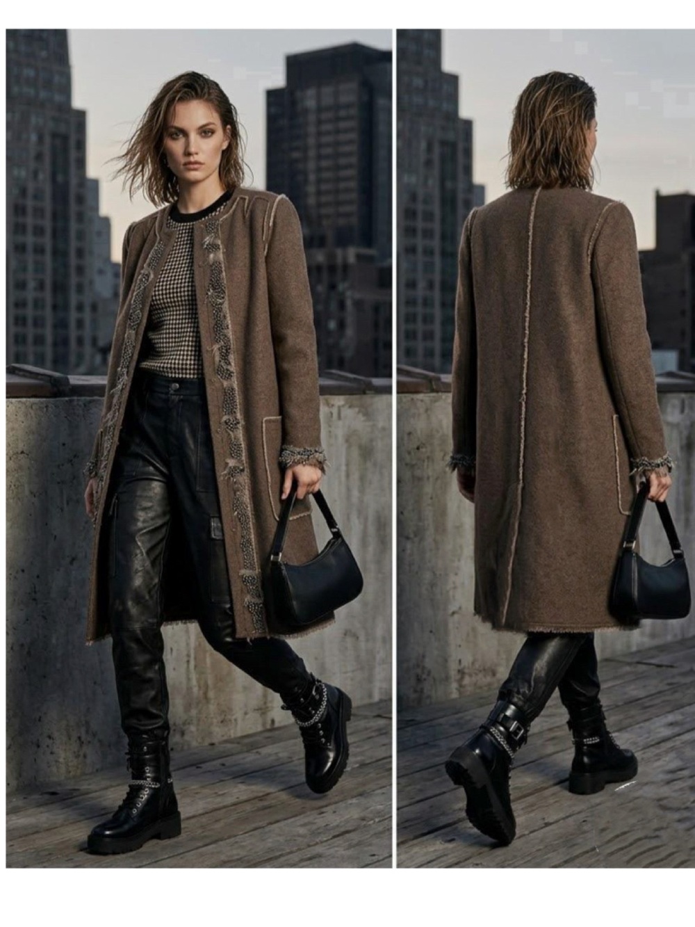 BCBGMaxAzria Runway Brown Wool Coat Feathers and Chain Accents Size Medium